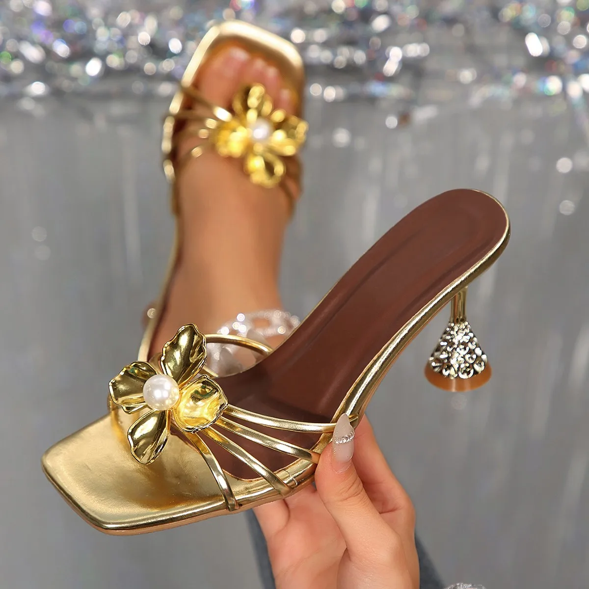 Vintage Fashion Aesthetic - Vintage Metal Flower Crystal Cone Heel