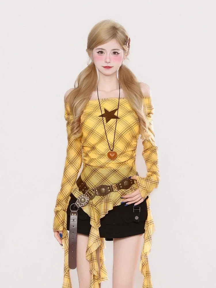 Y2K Plaid Slash Neck Vintage T - Vintage Fashion Aesthetic recension och pris